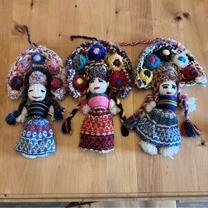 Mexican Yarn Folk Art Colorful Handmade Dolls with Woven Dresses Set of 3